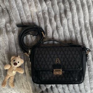 Black Teddy Bear Patterned Crossbody Bag with Gold Accent